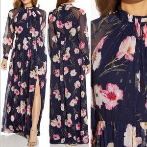 Adrianna Papell Metallic Floral Long Sleeve Chiffon Gown